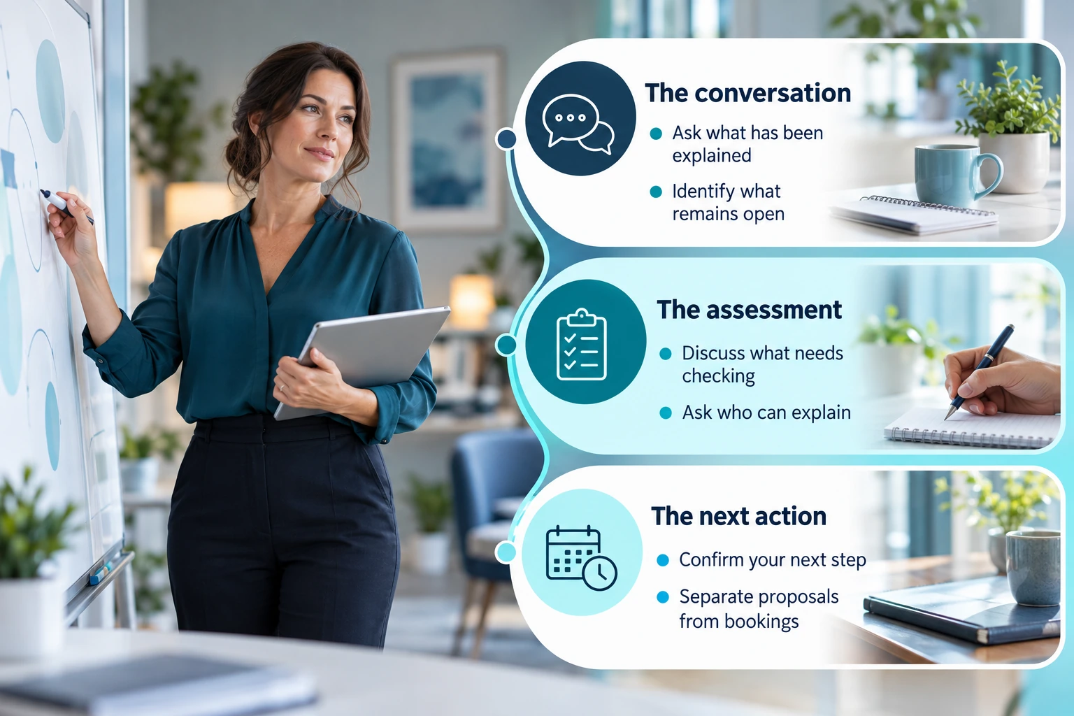 Illustrative infographic: Use the call to understand the next stage